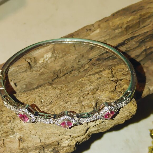 Pink Ruby Gemstone Bracelet Silver Plated Vintage Safety Hinged Prong Rhinestone - Picture 9 of 11